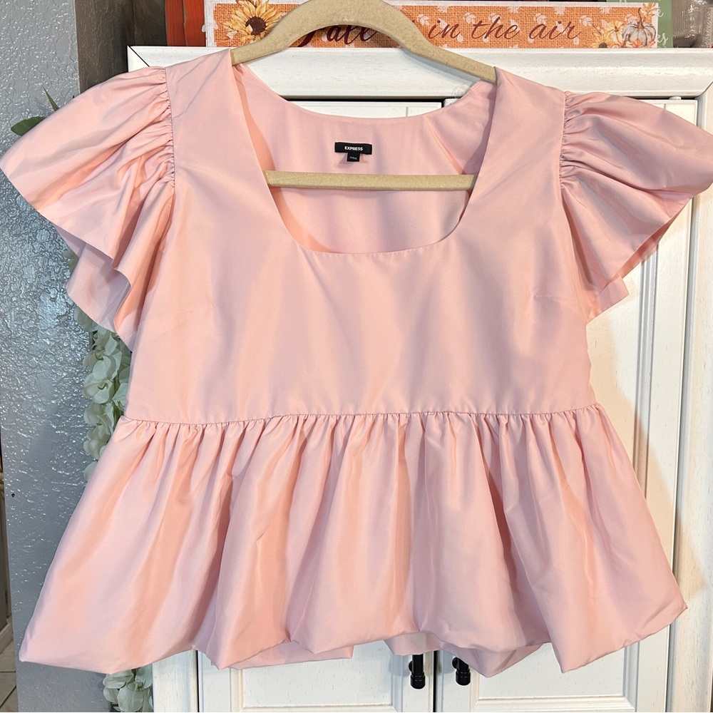Express Pink Peplum Flutter Sleeve Blouse